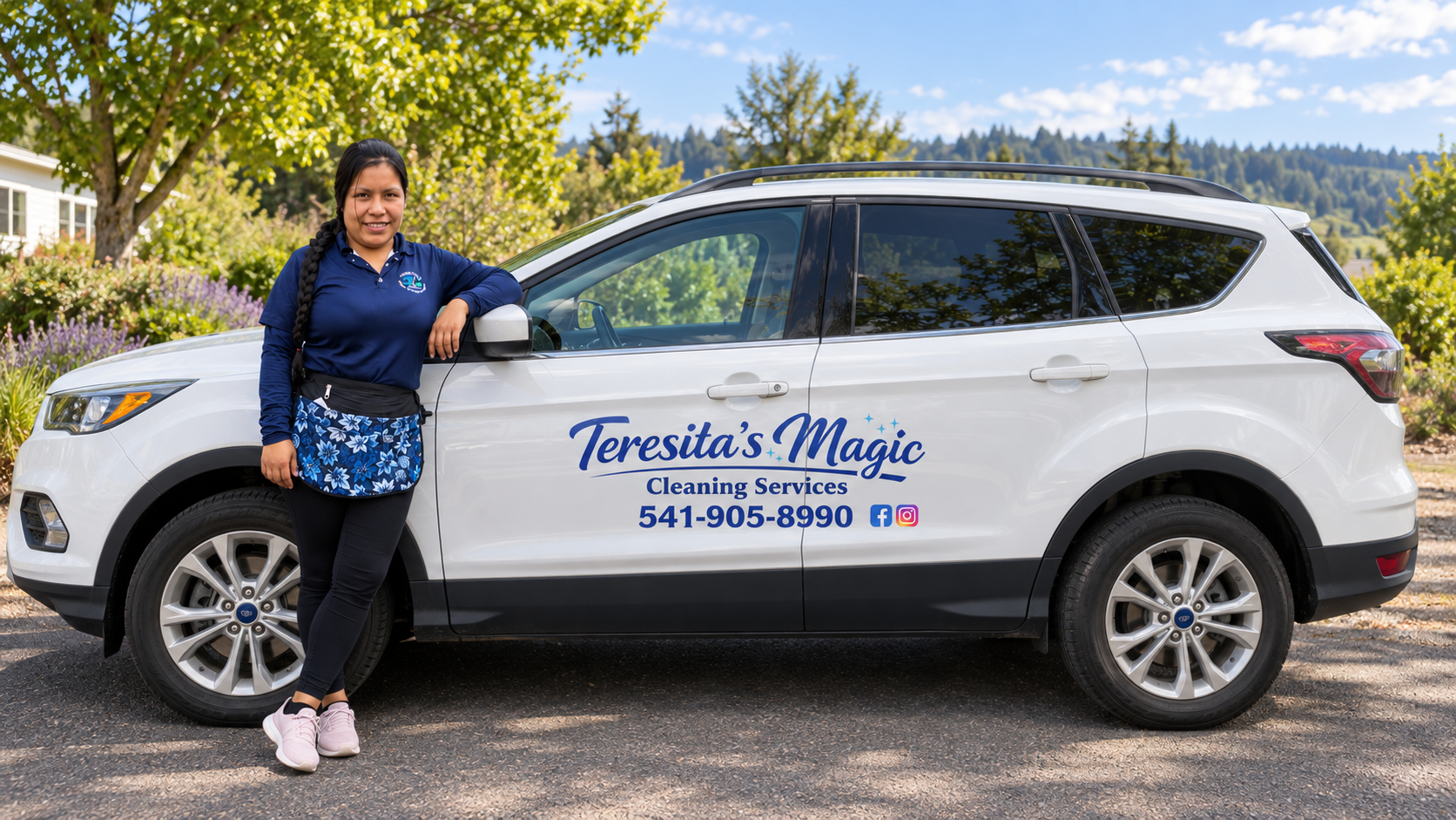 Teresita with her branded Teresita’s Magic Cleaning Services vehicle